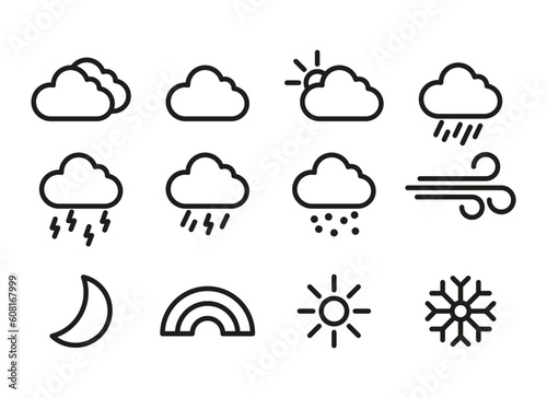 Explore a variety of weather-related vector illustrations capturing different atmospheric conditions and elements, including sunny days, cloudy skies, rain.