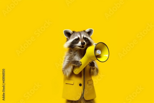 Yellow Megaphone-Wielding Raccoon on Vibrant Background, Generated AI