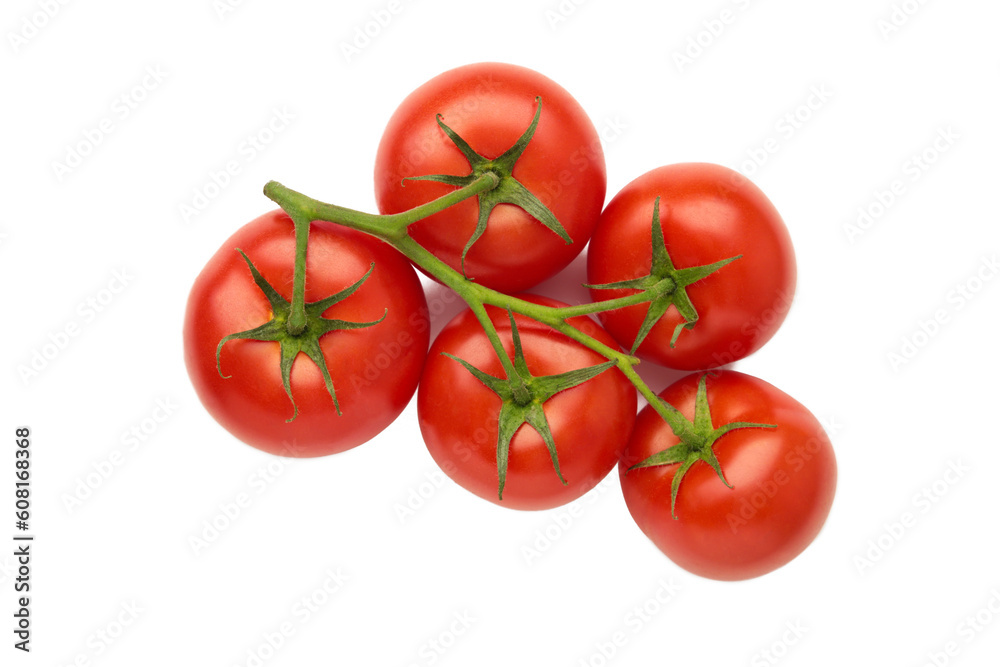 Bunch of fresh red tomatoes with green stems isolated on white background.
