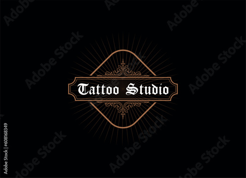 Vintage frame logo. Antique label. Suitable for tattoo studio, barber shop, whiskey label, wine, beer, brewing, salon, shop, signage.