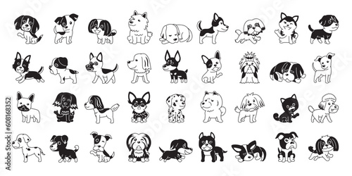 Different type of vector cartoon black and white color dogs for design.