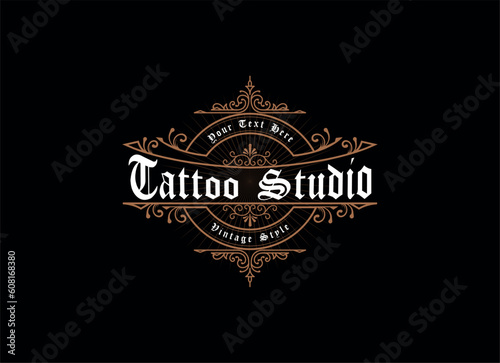 Vintage frame logo. Antique label. Suitable for tattoo studio, barber shop, whiskey label, wine, beer, brewing, salon, shop, signage.