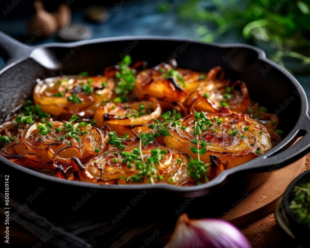 caramelized onions in a cast iron skillet, surrounded by fresh herbs and spices caramelized onions in a cast iron skillet, surrounded by fresh herbs and spices