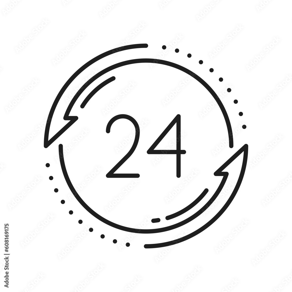 Fototapeta premium Call center 24 hours online, delivery service icon. Vector supermarket work hours, 24 hour watch, support service, time of working, delivery timer clock