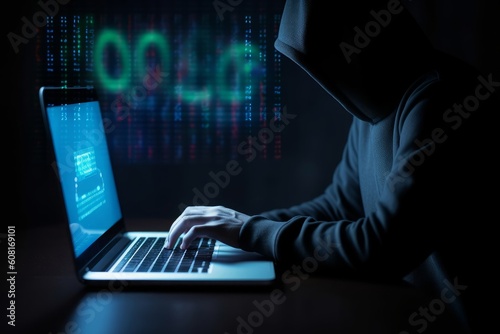 cybersecurity concept identity theft  Database hacks  internet cyber crime. Hacker in hoodie dark theme Hacking and stealing data. damage the system and hack the  Generative AI