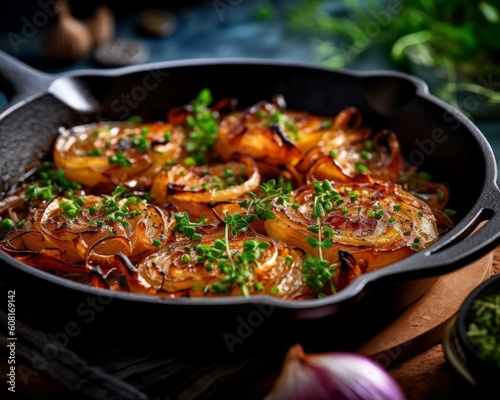 caramelized onions in a cast iron skillet, surrounded by fresh herbs and spices