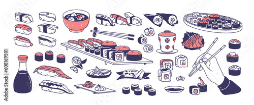 Japanese sushi set. Asian Japan food. Maki, uramaki rolls, nigiri, temaki snacks. Asia meal, traditional dishes with rice, salmon, sauce. Flat graphic vector illustration isolated on white background