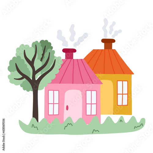 Cute hand drawn country house with door, window, chimney. Cozy village cottage with tree and lawn for kid's bedroom or nursery design. Exterior of home, village buildings, countryside home landscape