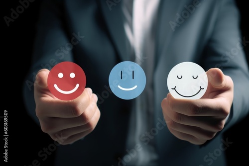 Mental health and emotional state concept, Businessmen choosing on the happy Smile face icon, positive mindset selection. Customer service and Satisfaction concept, review, feedback, best, Generative 