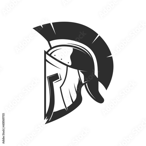 Knight warrior helmet, medieval soldier heraldry armor. Vector ancient helm with plume on crest, roman army soldier, gladiator or fighter armour side view. Battle helmet of spartan warrior or fighter
