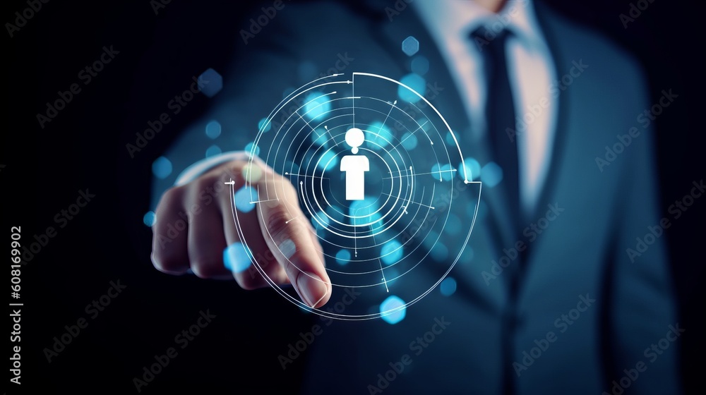 Businessman touching virtual human icon on dartboard with arrow for Global business CRM or Customer Relation Management and customer focus target group concept, social media., Generative AI