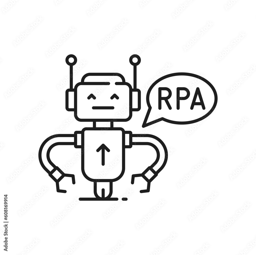 RPA robotic process automation, cyborg worker icon. Vector automate workflow, ai worker robot mechanic, industrial technology, cyborg control RPA robotic process automation, cyborg worker icon. Vector automate workflow, ai worker robot mechanic, industrial technology, cyborg control