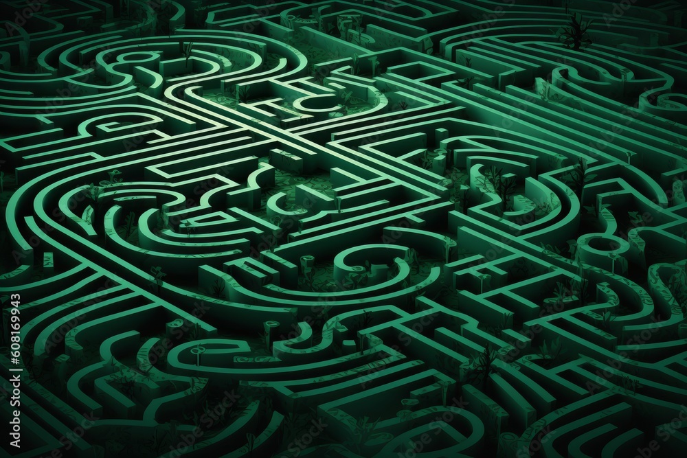 Abstract green maze with winding paths, Generative ai