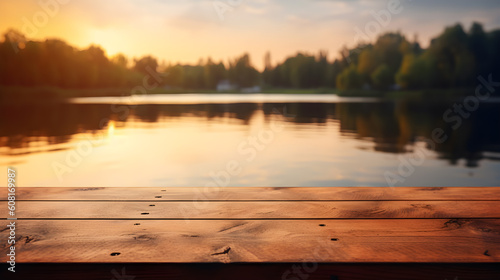 Empty Rustic Oak Wooden Table Over the Beautiful Lake on the Golden Sunset with Yellow Sky. Generative AI