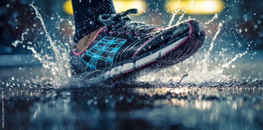 Naklejka premium Close up view of runner sport shoes sprint running on track. generative AI 