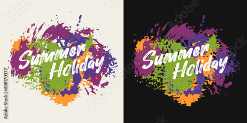 Colorful label with text, paint splatter, stains, blots, smudge of paint. Good for apparel, fabric, textile, surface design in groovy, hippie, summer style.