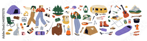 Camping, hiking items set. Summer travel and picnic stuff. Tourism and adventure accessories. Camera, holiday backpack, campfire, trailer. Flat graphic vector illustration isolated on white background