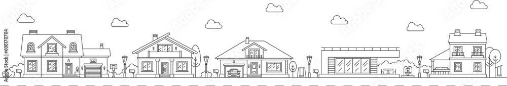 Neighborhood line art outline village or town house buildings, vector ...