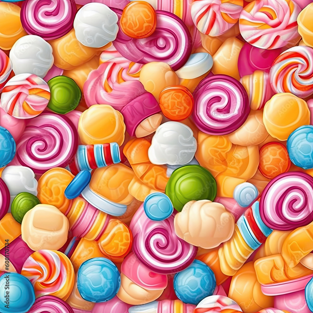 Fototapeta premium Colorful lollipops and multi-colored round candies. View from above.