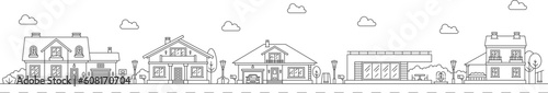 Neighborhood line art outline village or town house buildings, vector cityscape background. Linear houses and suburban village homes, residential landscape with apartments and cottage buildings