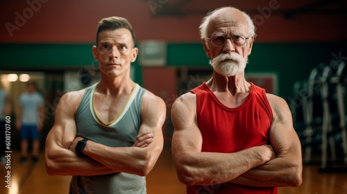 Elderly bodybuilder with his son in a gym, bearded, healthy, motivated generative ia