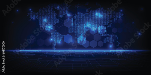 Vector illustrations of futuristic digital space horizontal perspective with world map and hexagon network.Digital communication innovation and technology concepts.