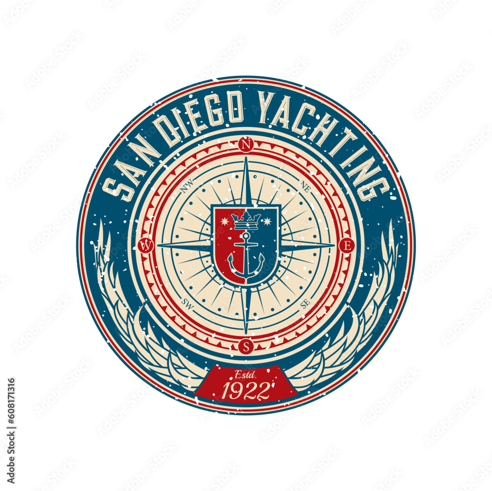 Yacht club retro patch, sea sailing regatta badge. Marine adventure grunge stamp, nautical regatta vintage vector label or sailing sport round emblem. Sea navigation patch with compass, Coat of Arms