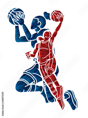 Basketball Female Players Mix Action Cartoon Sport Team Graphic Vector