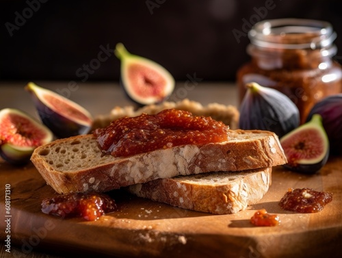 fig jam with ripe figs and rustic bread on a wooden board