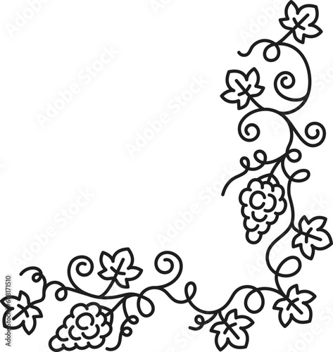 Grape vine bunch with leaves, corner outline decor and ornament with grapes. Vector vintage wine decor ornament border thin line