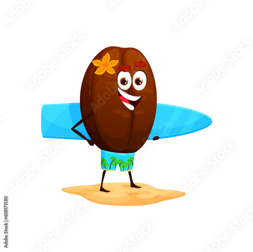 Cartoon happy coffee bean character with surf board. Coffeeshop, street cafe or fast food restaurant cheerful isolated vector mascot. Comical coffee bean character in shorts, surfing on Hawaii beach