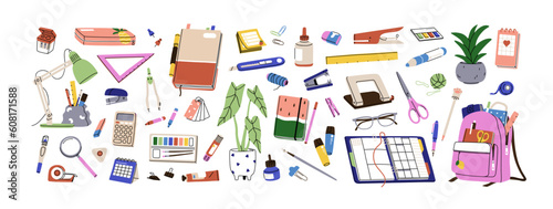 Stationery set. School tools, supplies. Notebook diary, satchel, accessories. Pen, pencil, ruler, highlighter marker and calculator. Flat graphic vector illustrations isolated on white background
