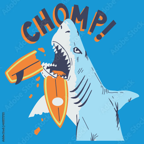illustration design of angry shark with blue background for kids shirts 