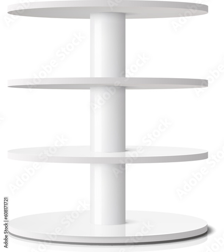 Round shelf, shop display stand or rack showcase. Isolated 3d vector pos rotating display for product presentation realistic mockup. Supermarket white store shelving model for production merchandising