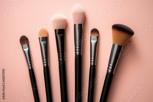 A set of makeup brush on a solid background, Generative AI