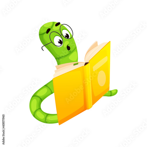 Cartoon bookworm character, book worm animal with surprised face expression reading a story. Isolated vector caterpillar with big eyes and open mouth, lost in unexpected twist of the plot, enjoy novel