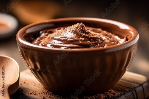 Melted chocolate in bowl on wooden table, Generative AI