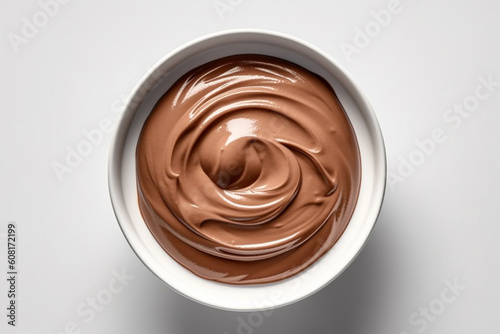 Melted chocolate in a bowl on a solid background, Generative AI