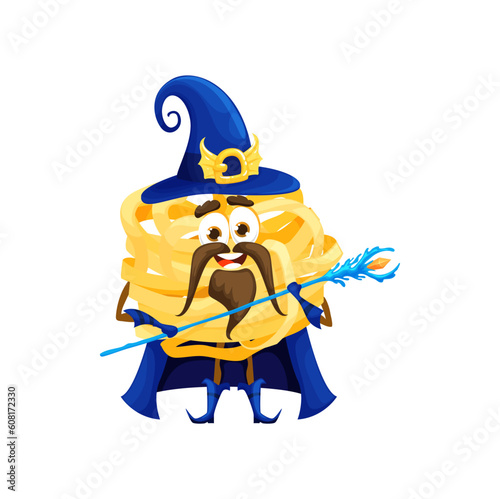 Cartoon Halloween italian pasta wizard character. Isolated vector tagliatelle personage looks enchanting and mysterious. Witch macaroni wearing blue festive costume while wielding a magical staff