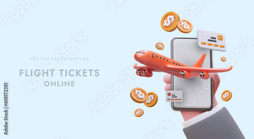 Phone application for purchasing plane tickets. Choosing convenient flight. Book flight at good price. Online travel payment. Advertising poster with 3D image