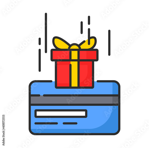 Gift card icon of loyalty reward, benefits, special bonus points and prize. Vector line credit bank card and gift or present box isolated symbol of customer loyalty incentive or shopping bonus program
