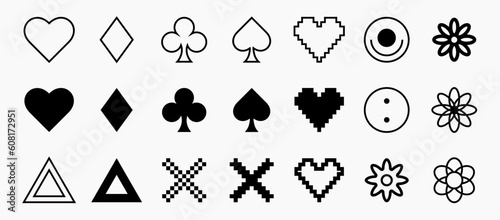Y2K trendy shapes, card symbols, hearts, flowers, signs and symbols, millennial abstract elements, collection of retro design shapes.