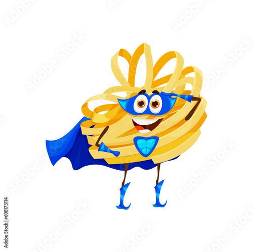 Cartoon Italian tagliatelle pasta superhero character in blue power cape, vector funny guardian. Cheerful smiling tagliatelle pasta super hero or food personage in defender mask with crystal belt