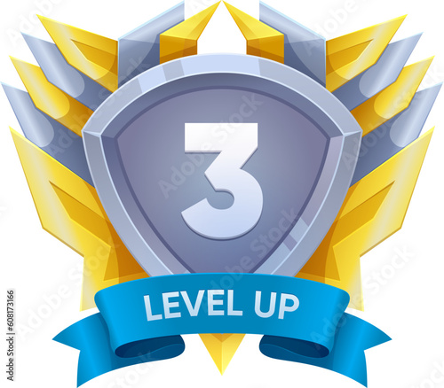 Game level up badge and win icon, shield banner of completed level, vector UI sign. 3 level up icon with silver shield on wings and blue ribbon for gamer mission completed next level achievement