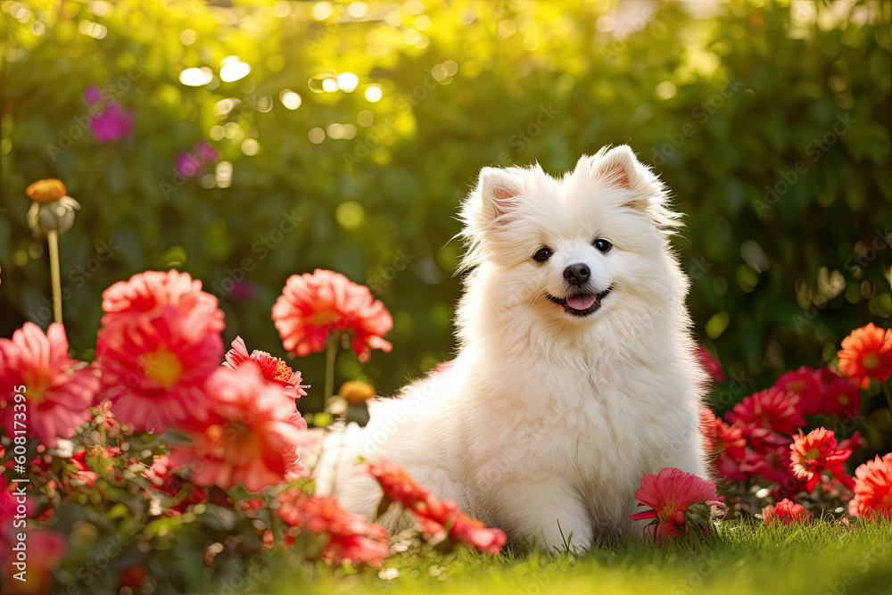 white pomeranian dog in the park created with generative AI technology