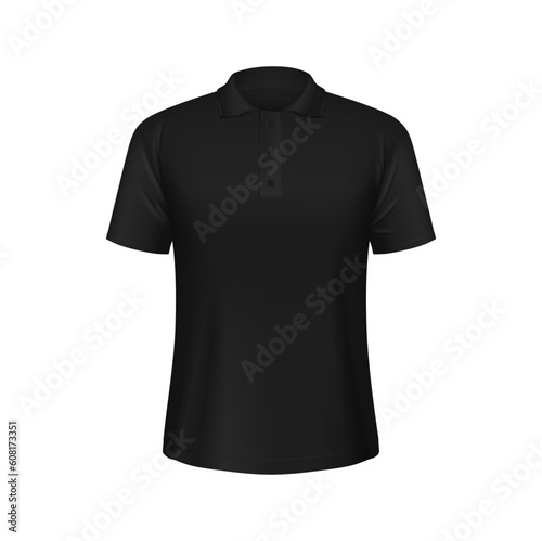Black male polo shirt realistic 3d vector mockup. Classic wardrobe staple, versatile for casual or formal occasions, comfortable cotton fabric, short-sleeved with collar and buttons front view