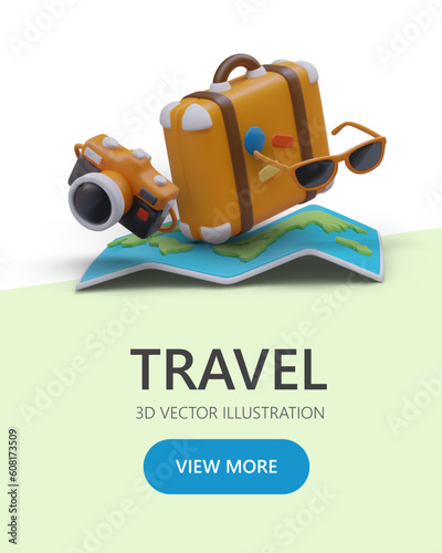 Crazy tours for experienced tourists and beginners. Super offer from professional organizer. Unforgettable impression. Vertical template with floating 3D figures