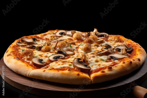 mushroom pizza isolated on a black background. Generative AI
