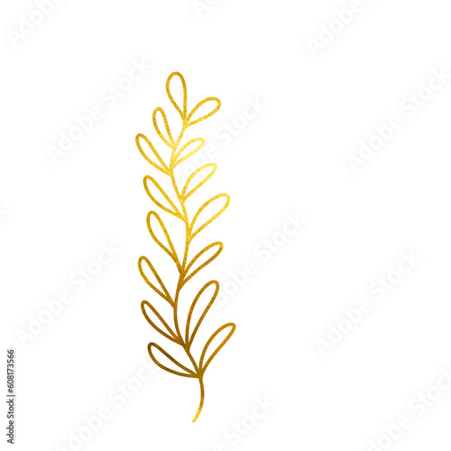 Hand-drawn golden branch with leaves  shiny  sparkling leaf of an abstract plant