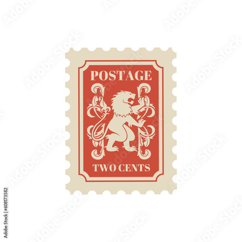 Antique postcard, retro postage stamp and vintage mail with heraldry lion. Historic postal stamp, philately antique postmark, letter or correspondence vector sticker. Old postmark with heraldic animal